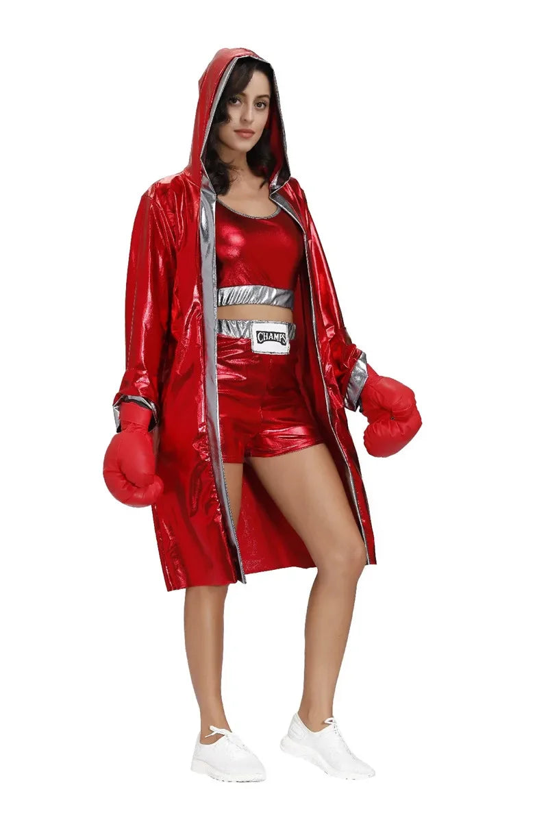 Male Women Red Boxer Uniform Sexy Boxing Costumes Halloween Party couple Cosplay Clothes Hooded Cloak Robe Shorts Set