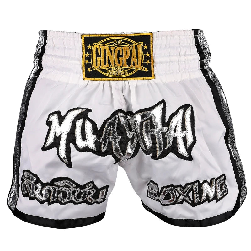 Muay Thai Shorts Embroidery Thai Boxing Shorts Men Women Kids Satin BJJ MMA Clothes Gym Grappling Cage Fight Kickboxing Shorts