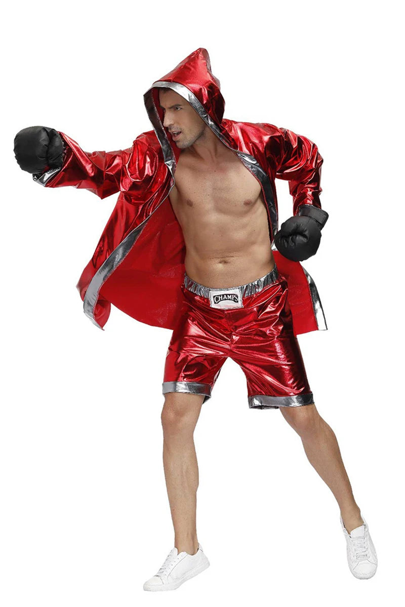 Mens Red Boxer Costume Hooded Cloak Robe Crop with Shorts Movie Boxing Robe Clothes Halloween Cosplay Training Uniform for Male