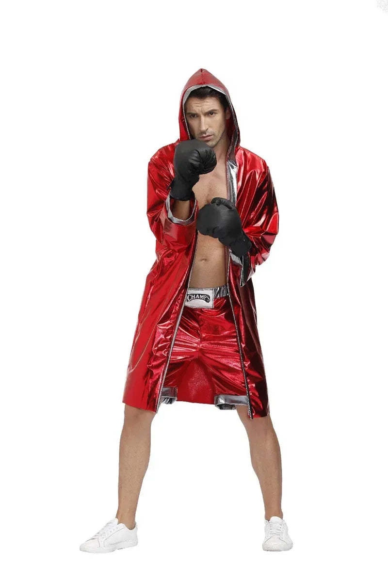 Male Women Red Boxer Uniform Sexy Boxing Costumes Halloween Party couple Cosplay Clothes Hooded Cloak Robe Shorts Set