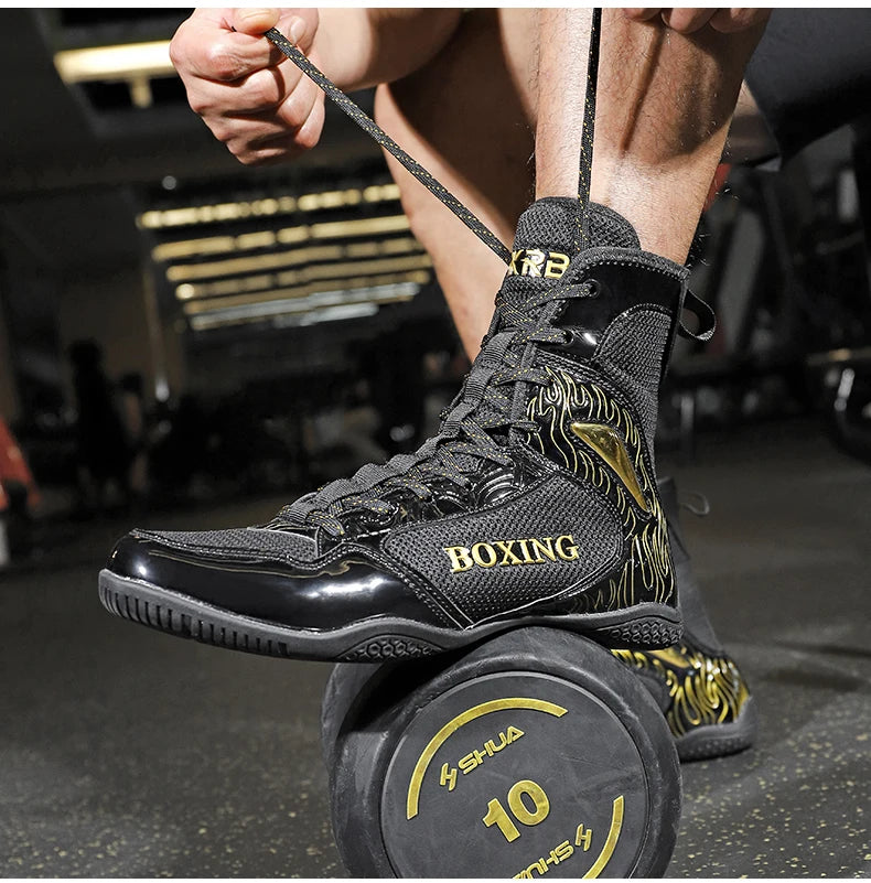 Professional Boxing and Wrestling Shoes for Men, Black and White Classic Comfort Training Boxing and Wrestling Fighting Shoes