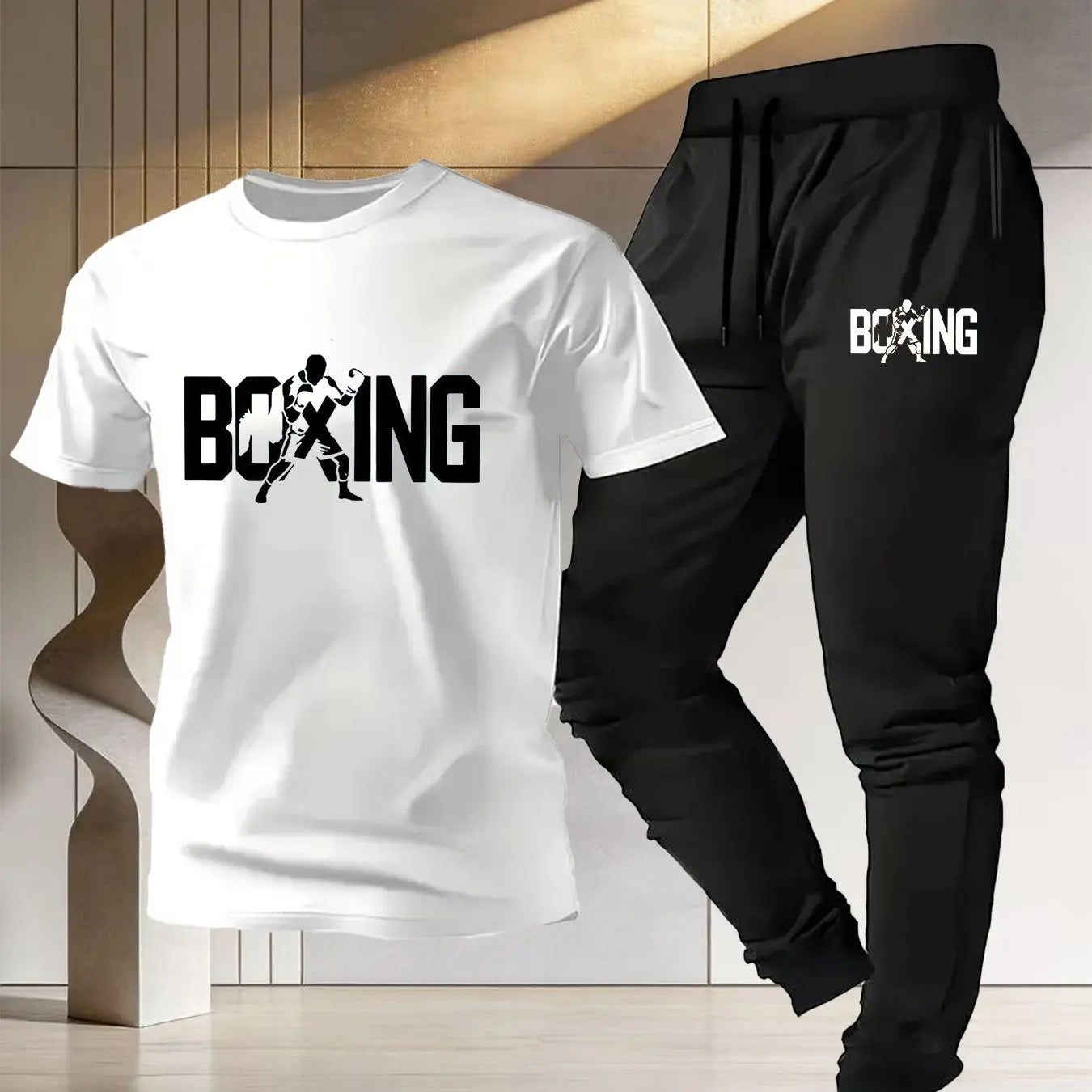 Men's boxing sport set men's 2026 new style pure cotton short-sleeved T-shirt + training quick-dry thin long pants