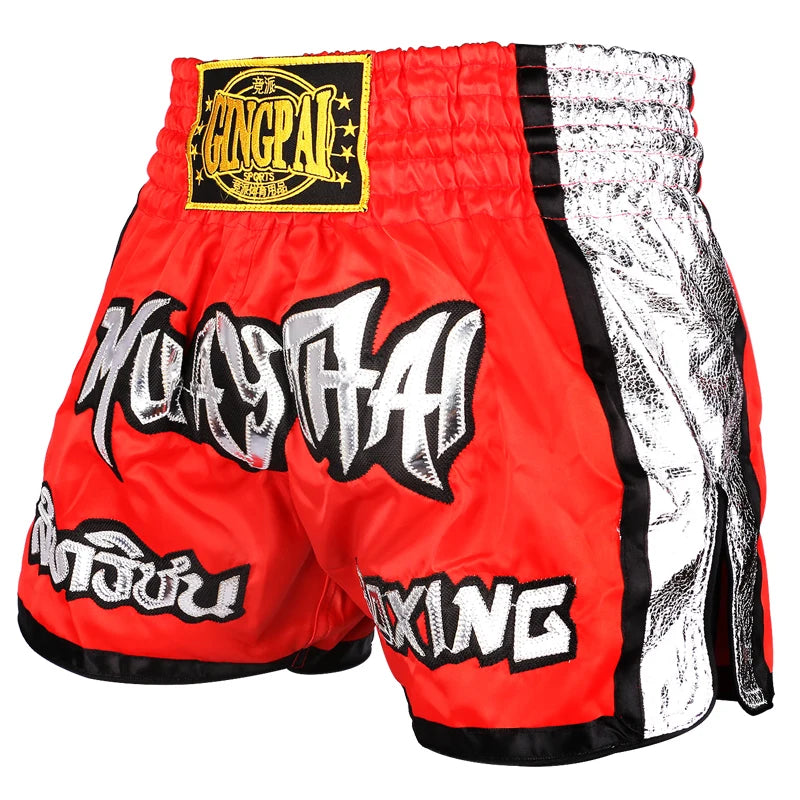 Muay Thai Shorts Embroidery Thai Boxing Shorts Men Women Kids Satin BJJ MMA Clothes Gym Grappling Cage Fight Kickboxing Shorts