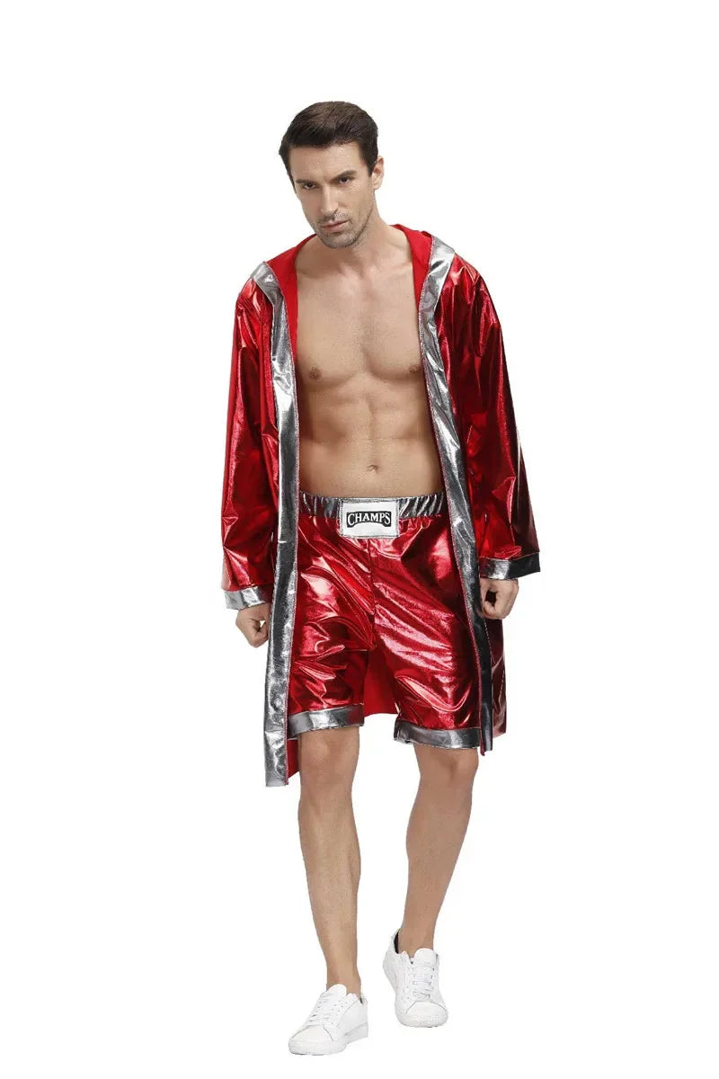 Male Women Red Boxer Uniform Sexy Boxing Costumes Halloween Party couple Cosplay Clothes Hooded Cloak Robe Shorts Set