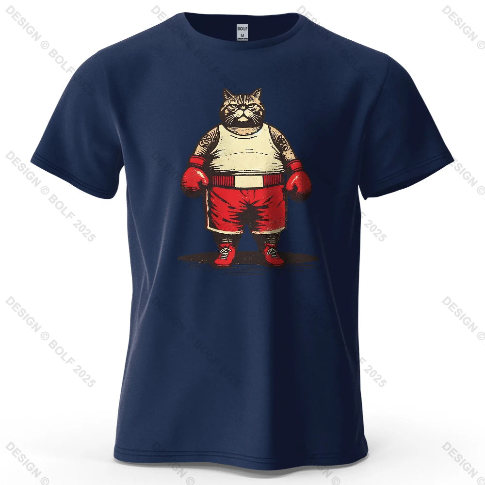 Boxing Cat Cartoon Printed Men's T-Shirt 100% Cotton Oversized Vintage Inspired Graphic Outings Tees for Women Tops Streetwear