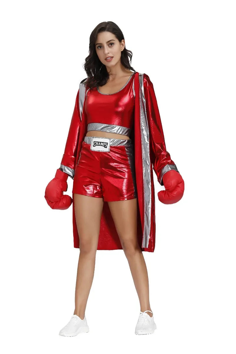 Male Women Red Boxer Uniform Sexy Boxing Costumes Halloween Party couple Cosplay Clothes Hooded Cloak Robe Shorts Set