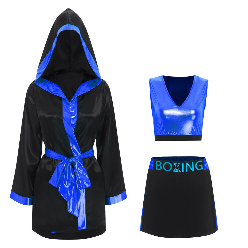 Women Boxing Robes Bjj Boxer Fight Grappling Costume Martial Arts Muay Thai Satin Tops + Skirt Belt Kickboxing Hooded Outfit