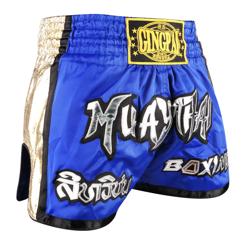 Muay Thai Shorts Embroidery Thai Boxing Shorts Men Women Kids Satin BJJ MMA Clothes Gym Grappling Cage Fight Kickboxing Shorts