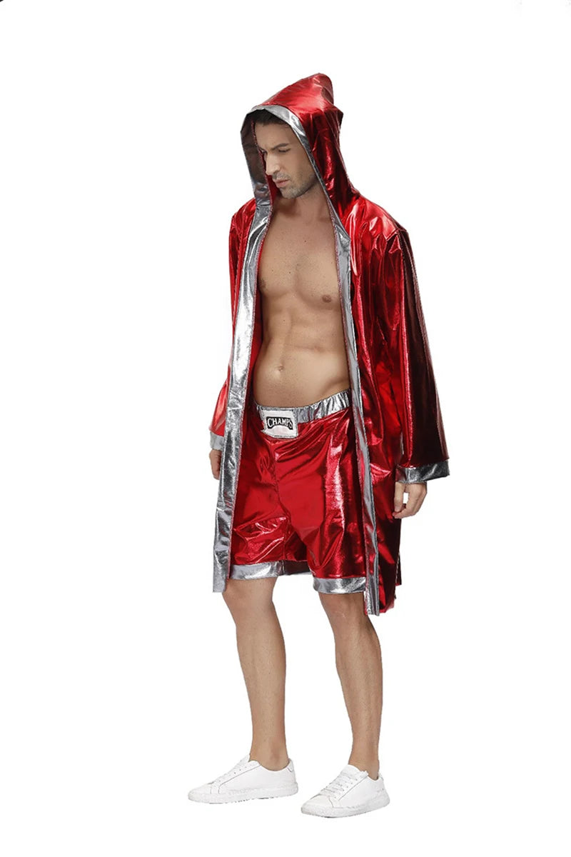 Mens Red Boxer Costume Hooded Cloak Robe Crop with Shorts Movie Boxing Robe Clothes Halloween Cosplay Training Uniform for Male