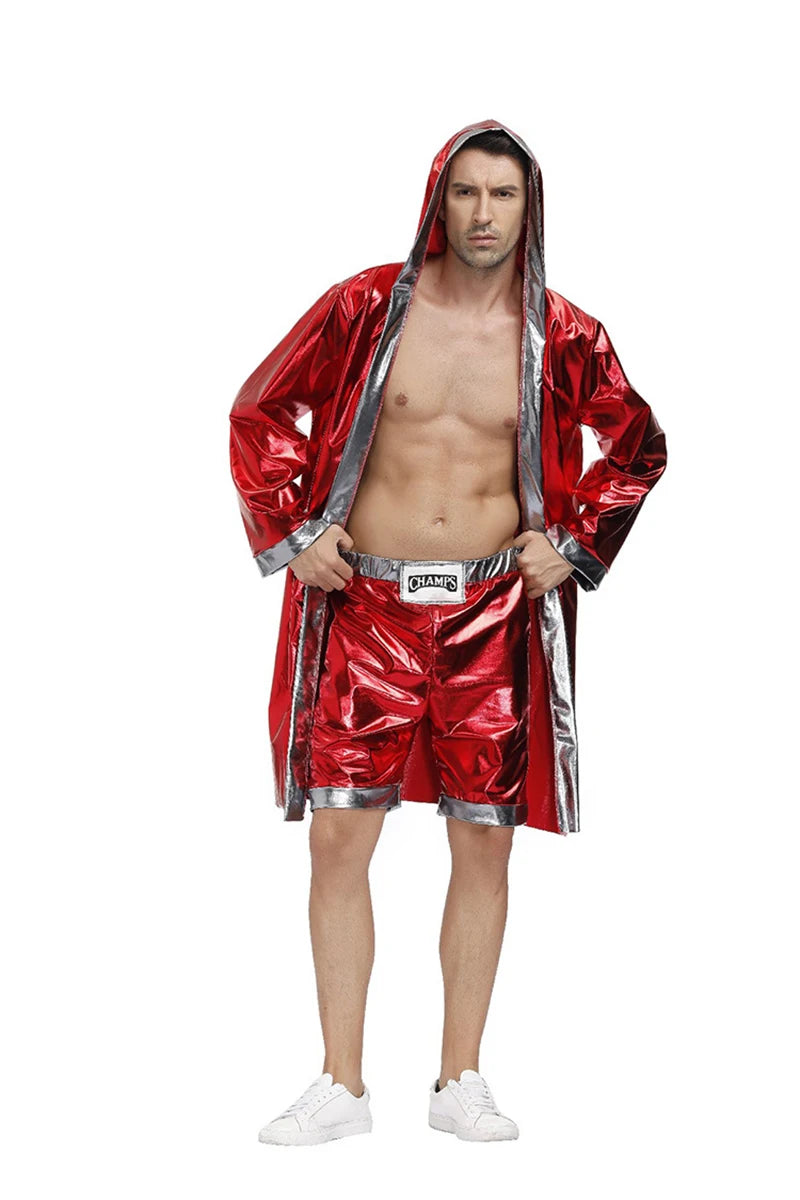 Mens Red Boxer Costume Hooded Cloak Robe Crop with Shorts Movie Boxing Robe Clothes Halloween Cosplay Training Uniform for Male