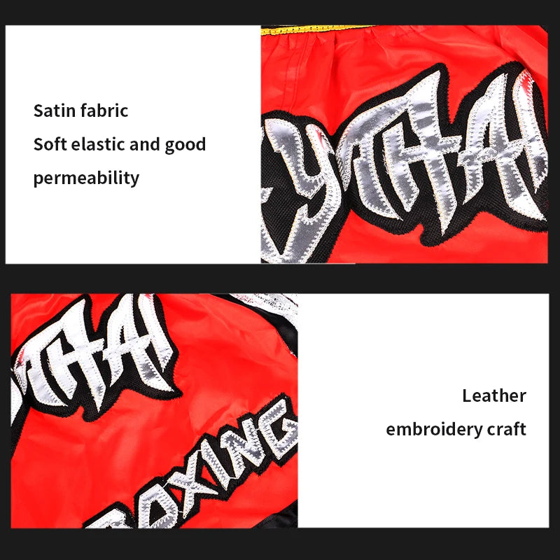 Muay Thai Shorts Embroidery Thai Boxing Shorts Men Women Kids Satin BJJ MMA Clothes Gym Grappling Cage Fight Kickboxing Shorts