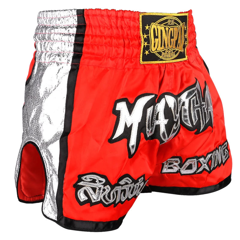 Muay Thai Shorts Embroidery Thai Boxing Shorts Men Women Kids Satin BJJ MMA Clothes Gym Grappling Cage Fight Kickboxing Shorts