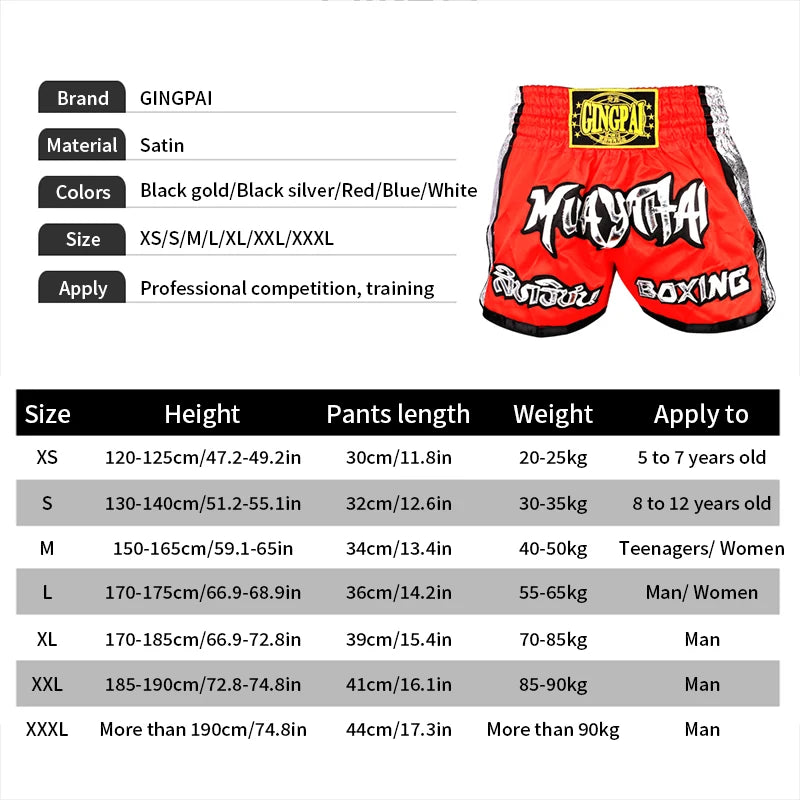 Muay Thai Shorts Embroidery Thai Boxing Shorts Men Women Kids Satin BJJ MMA Clothes Gym Grappling Cage Fight Kickboxing Shorts