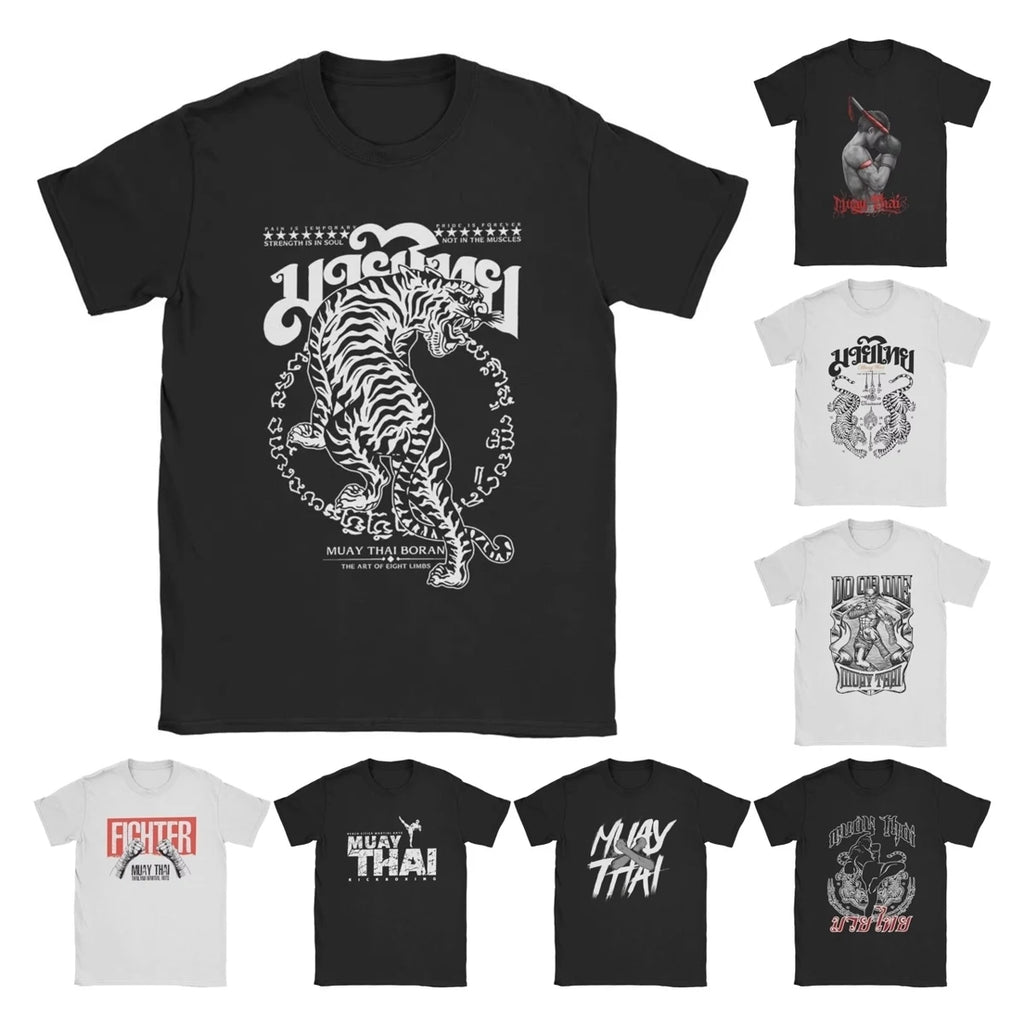 Men's T-Shirts Muay Thai Sak Yant Tiger Unique 100% Cotton Tee Short Sleeve Boxing Fighter T Shirts Round Neck Clothing Summer