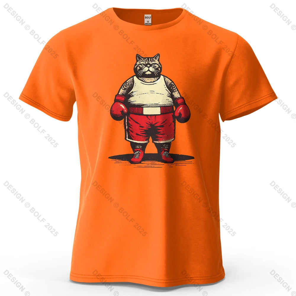 Boxing Cat Cartoon Printed Men's T-Shirt 100% Cotton Oversized Vintage Inspired Graphic Outings Tees for Women Tops Streetwear