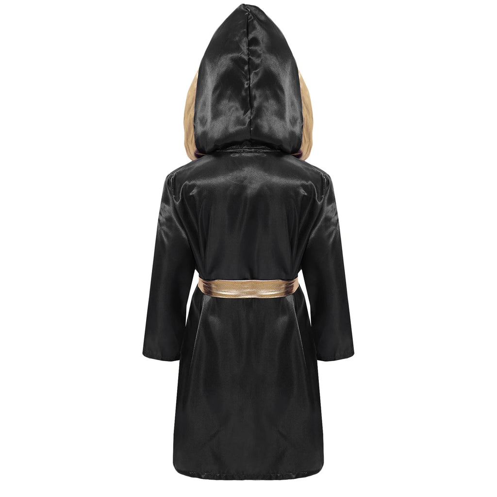 Kids Boys Boxing Training Outfit Long Sleeve Open Front Metallic Satin Robe Hooded Cloak with Athletic Shorts And Boxer Gloves