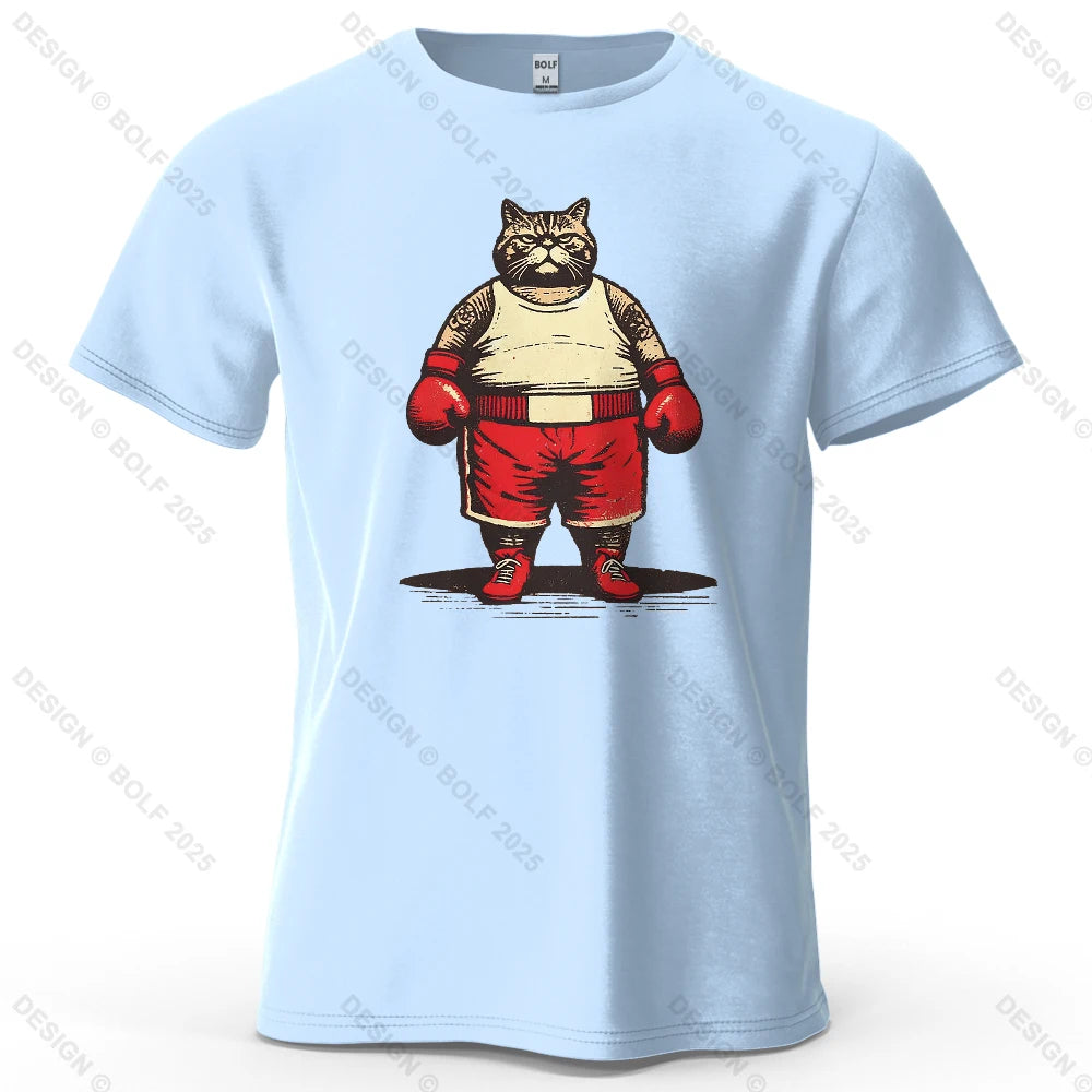 Boxing Cat Cartoon Printed Men's T-Shirt 100% Cotton Oversized Vintage Inspired Graphic Outings Tees for Women Tops Streetwear