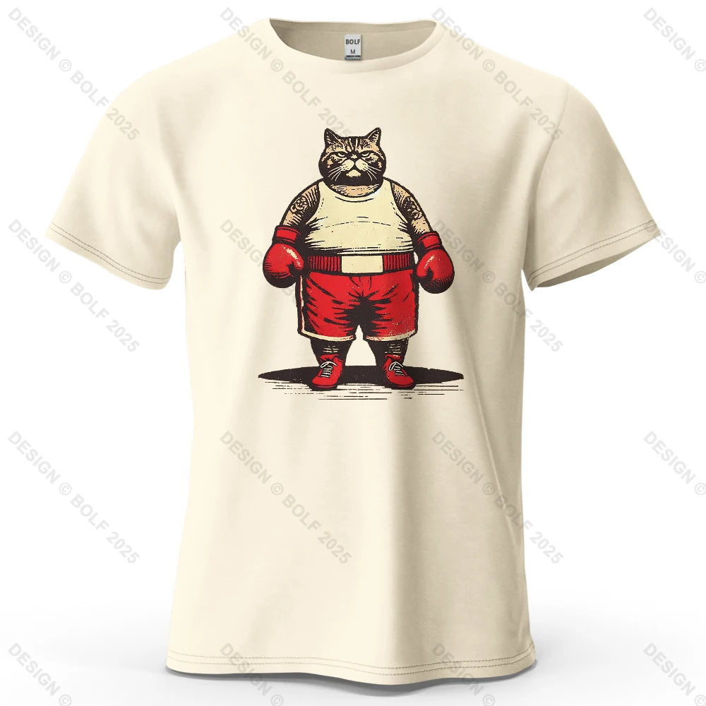 Boxing Cat Cartoon Printed Men's T-Shirt 100% Cotton Oversized Vintage Inspired Graphic Outings Tees for Women Tops Streetwear