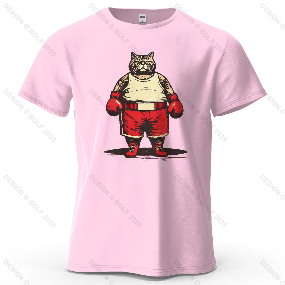 Boxing Cat Cartoon Printed Men's T-Shirt 100% Cotton Oversized Vintage Inspired Graphic Outings Tees for Women Tops Streetwear