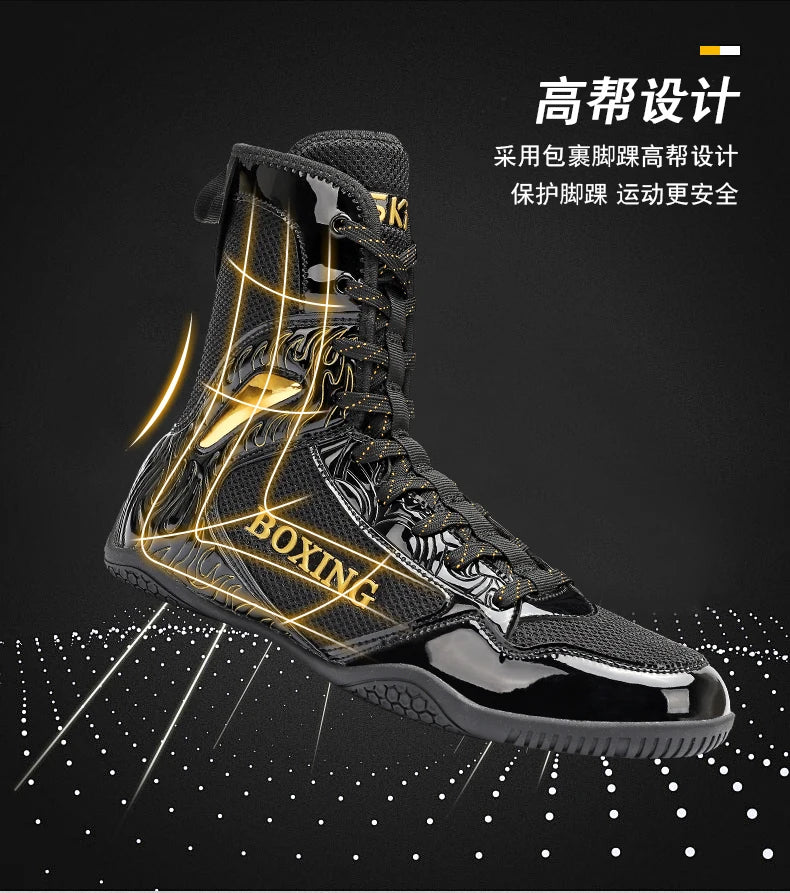 Professional Boxing and Wrestling Shoes for Men, Black and White Classic Comfort Training Boxing and Wrestling Fighting Shoes