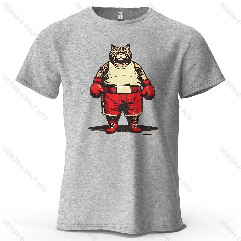 Boxing Cat Cartoon Printed Men's T-Shirt 100% Cotton Oversized Vintage Inspired Graphic Outings Tees for Women Tops Streetwear