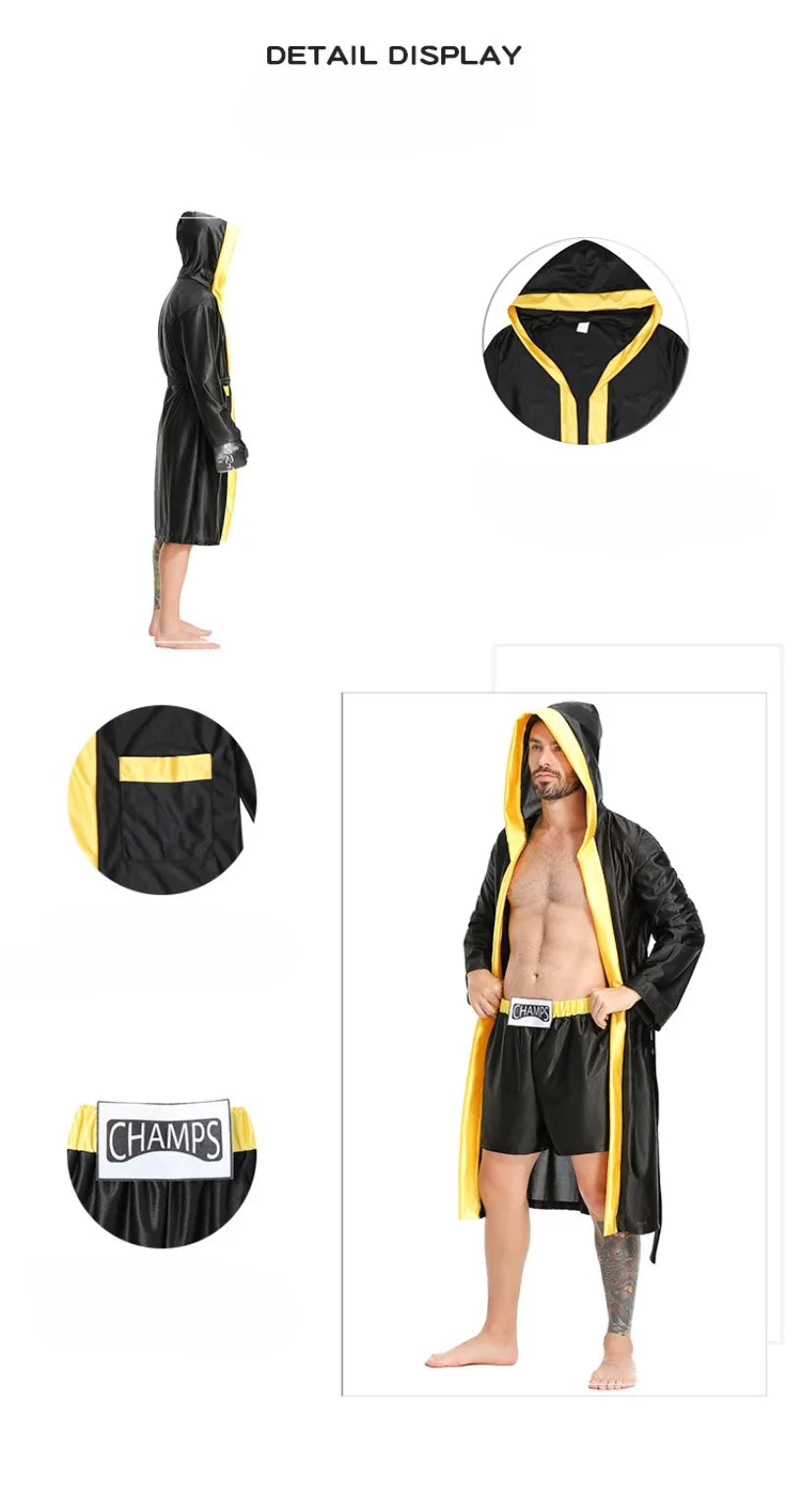Boxing Robe Adults Costume Boxer Game Suit Black Hooded Outwear Poncho Sweat Shorts Sports Clothes Full Set Unisex Halloween