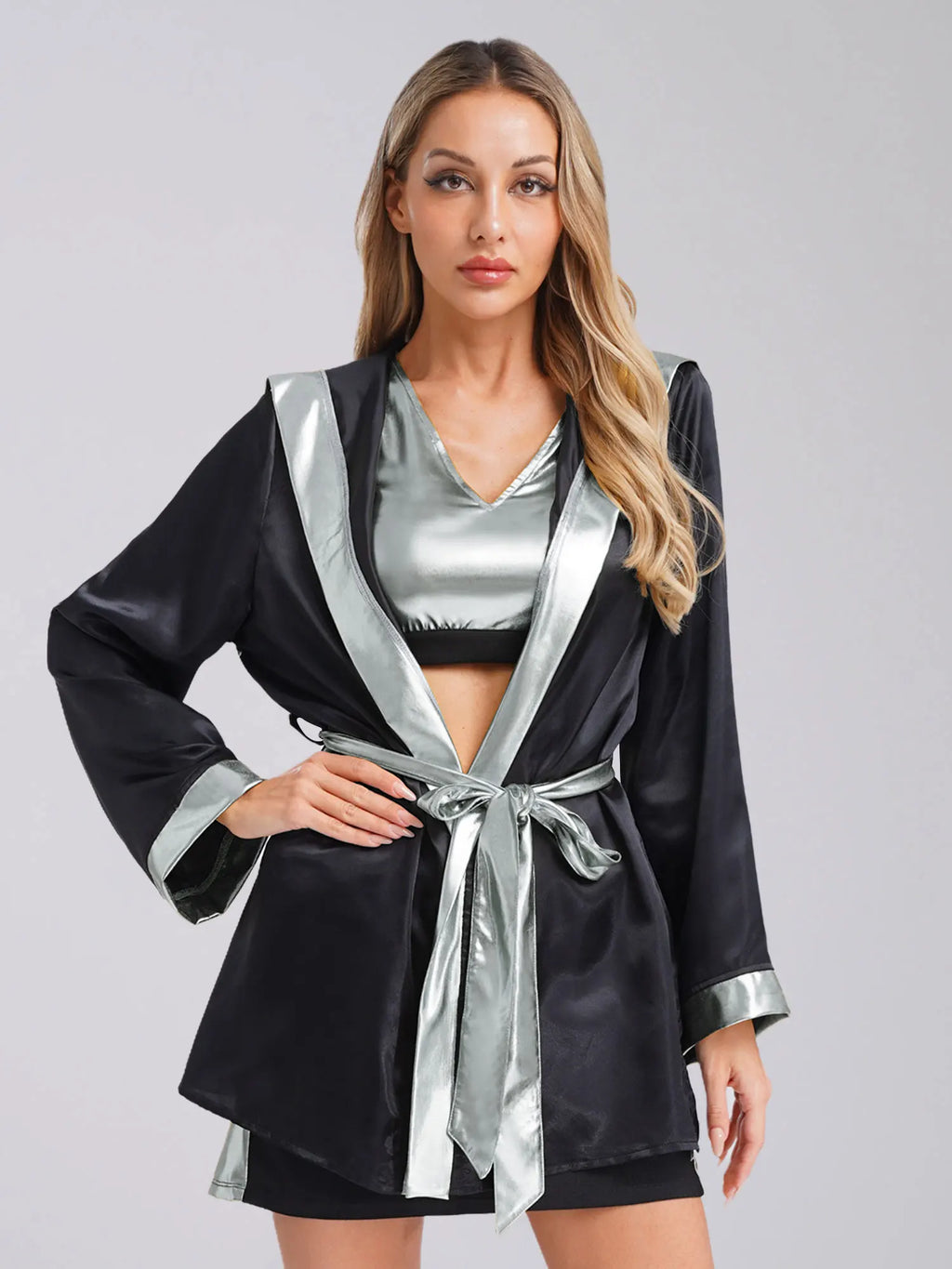Women Boxing Robes Bjj Boxer Fight Grappling Costume Martial Arts Muay Thai Satin Tops + Skirt Belt Kickboxing Hooded Outfit