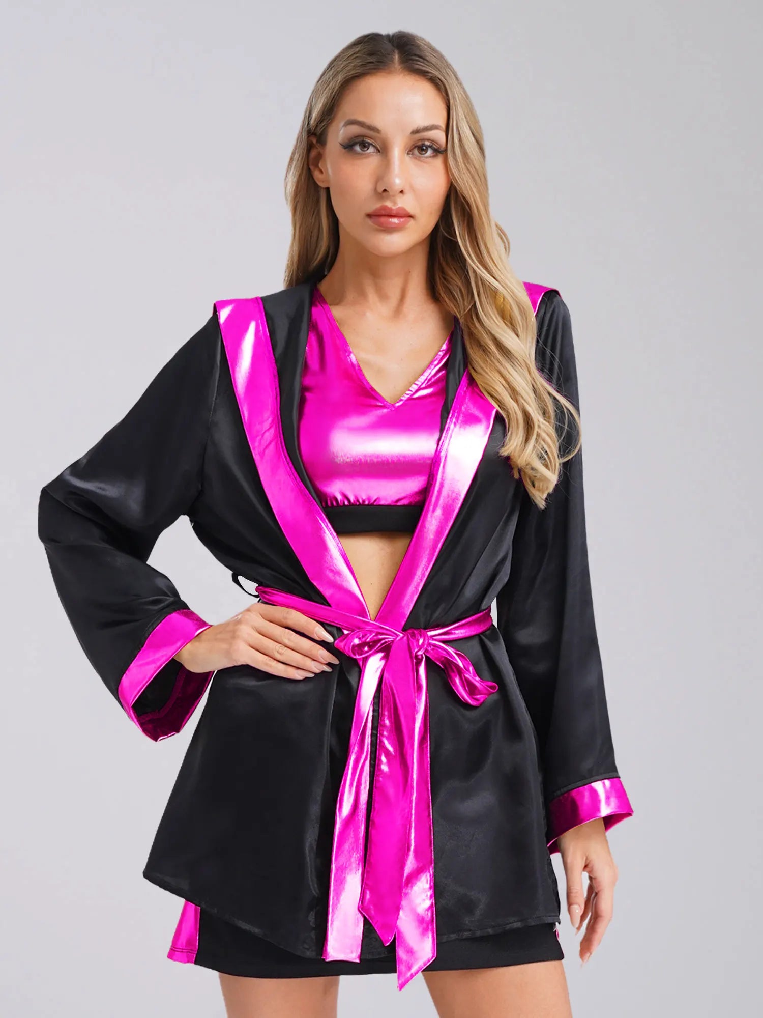 Women Boxing Robes Bjj Boxer Fight Grappling Costume Martial Arts Muay Thai Satin Tops + Skirt Belt Kickboxing Hooded Outfit