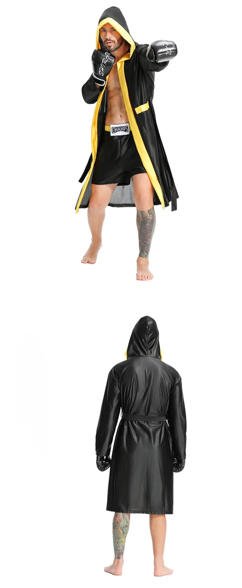 Boxing Robe Adults Costume Boxer Game Suit Black Hooded Outwear Poncho Sweat Shorts Sports Clothes Full Set Unisex Halloween