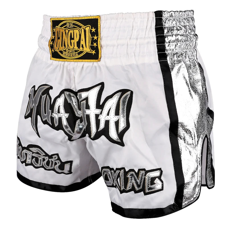 Muay Thai Shorts Embroidery Thai Boxing Shorts Men Women Kids Satin BJJ MMA Clothes Gym Grappling Cage Fight Kickboxing Shorts