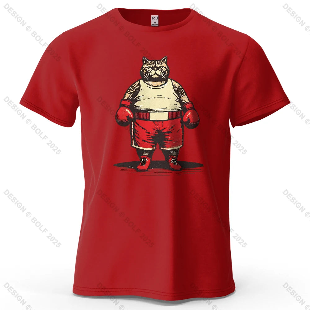 Boxing Cat Cartoon Printed Men's T-Shirt 100% Cotton Oversized Vintage Inspired Graphic Outings Tees for Women Tops Streetwear