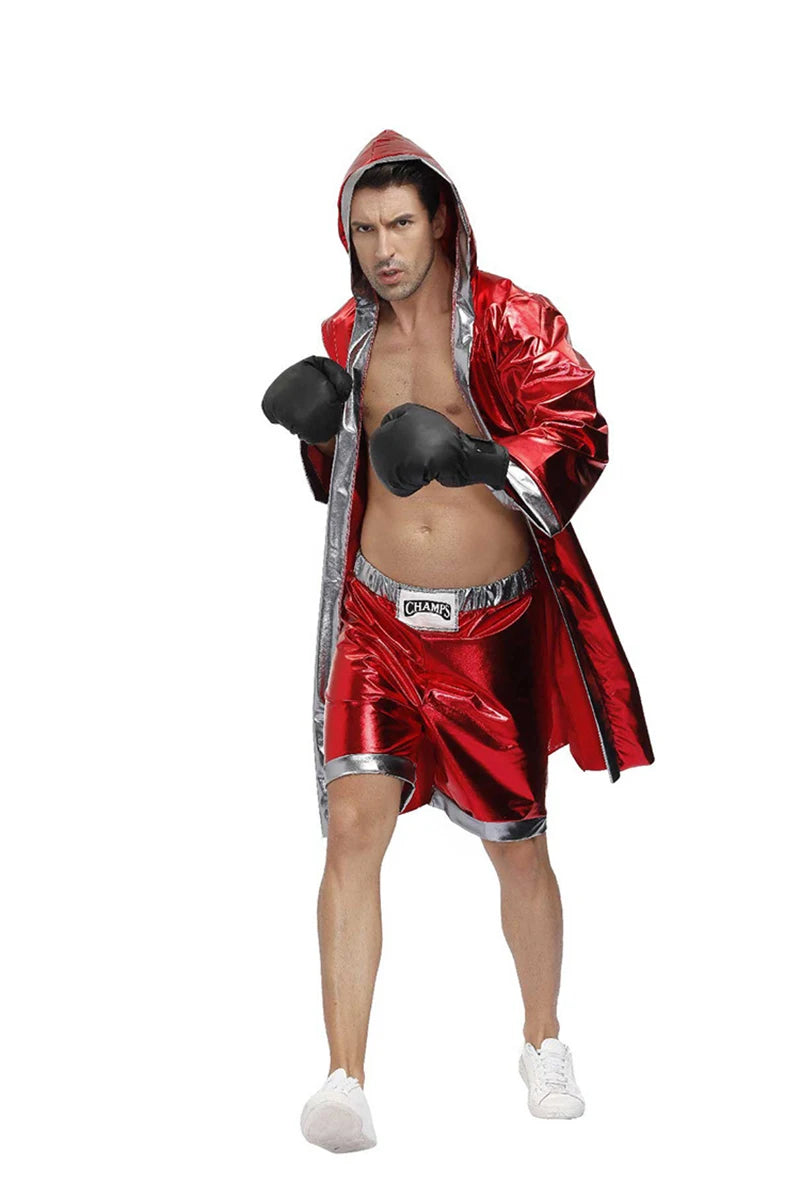 Mens Red Boxer Costume Hooded Cloak Robe Crop with Shorts Movie Boxing Robe Clothes Halloween Cosplay Training Uniform for Male